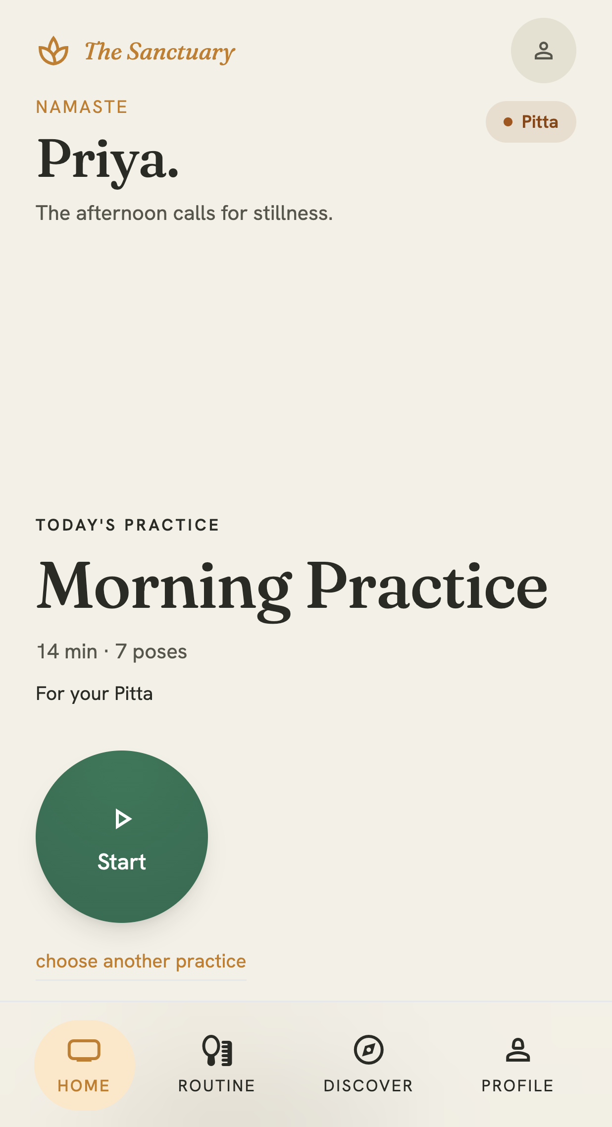The Sanctuary home screen — a greeting and Today's Practice: a 15-minute, 7-pose Morning Practice composed for Pitta, with a Start button